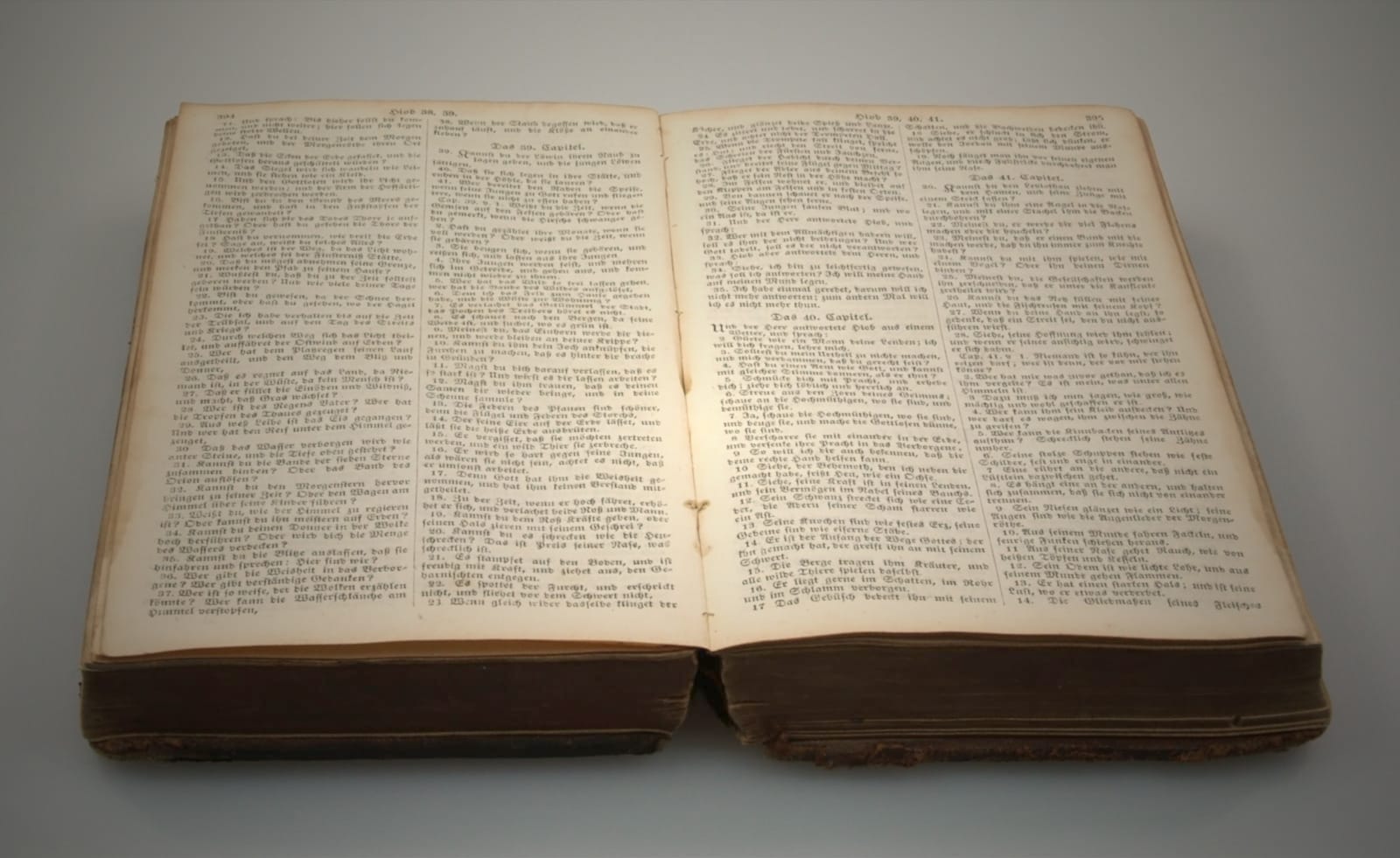 An open nineteenth-century Bible resting on a neutral surface.
